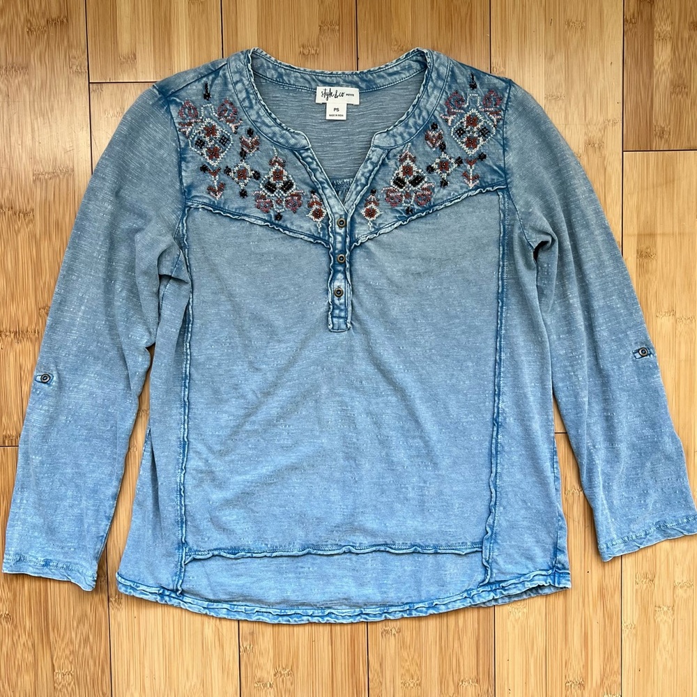 Style & Co. denim blue raw hem detail beaded embroidered long sleeve top